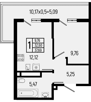 Планировка: 1-комнатная, 37,69 м²