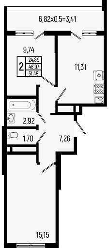 Планировка: 2-комнатная, 51,48 м²