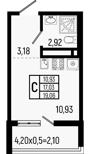 Планировка: Студия, 19,06 м²